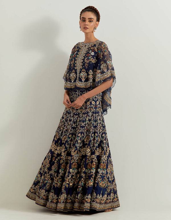 Navy Blue Dori And Hand Embellished Circular Cape Skirt In Pure Dupion and Organza Silk
