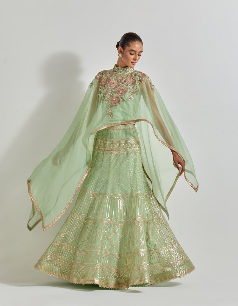 Mint Green Desert Rose Dupatta Cape And Skirt In Organza Silk