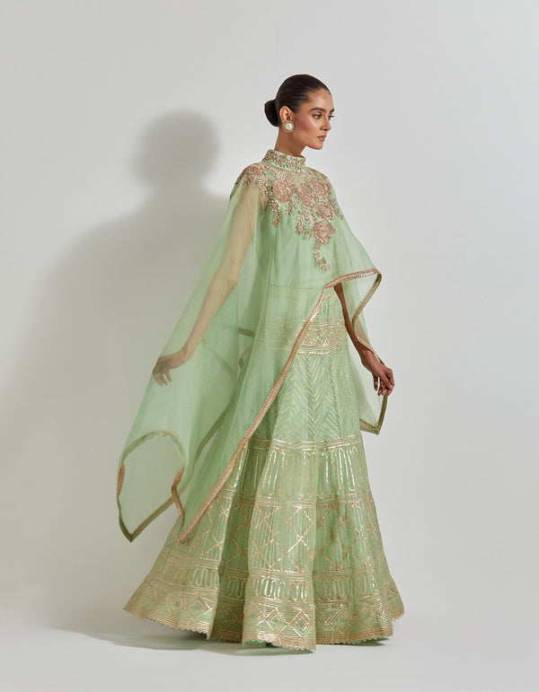 Mint Green Desert Rose Dupatta Cape And Skirt In Organza Silk