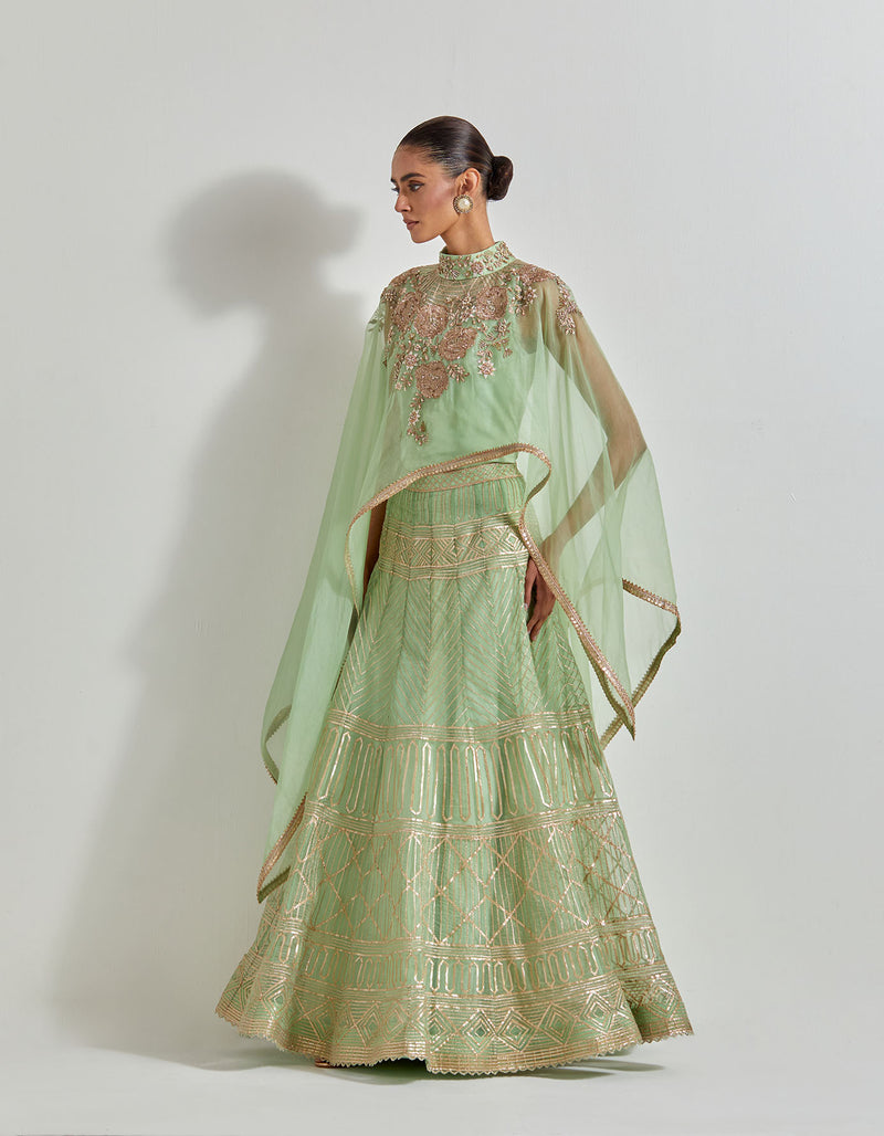 Mint Green Desert Rose Dupatta Cape And Skirt In Organza Silk