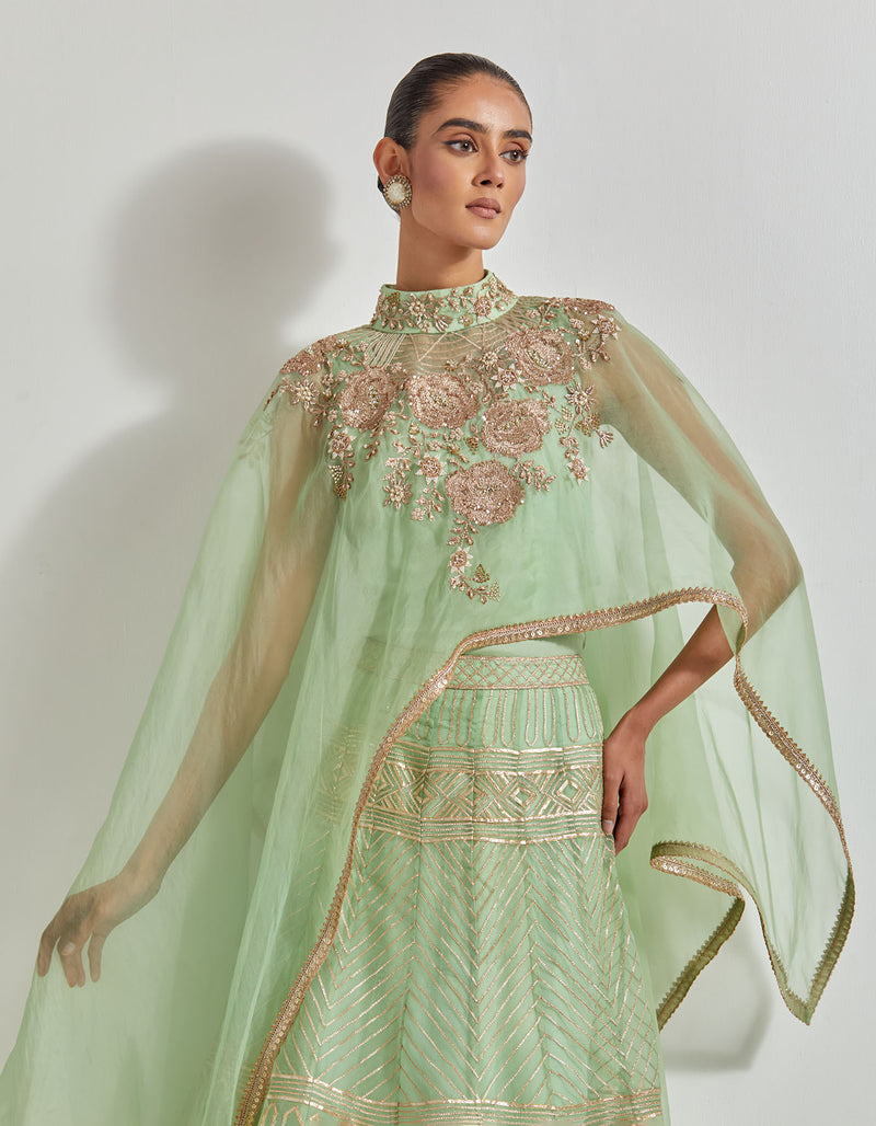 Mint Green Desert Rose Dupatta Cape And Skirt In Organza Silk