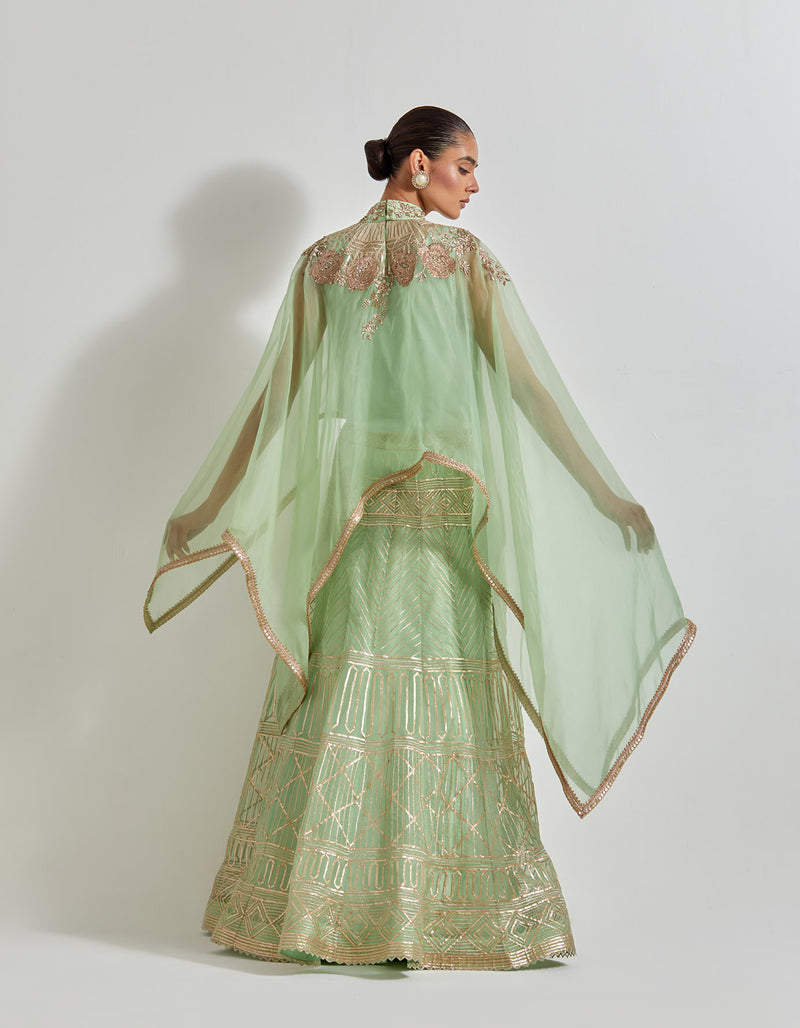 Mint Green Desert Rose Dupatta Cape And Skirt In Organza Silk