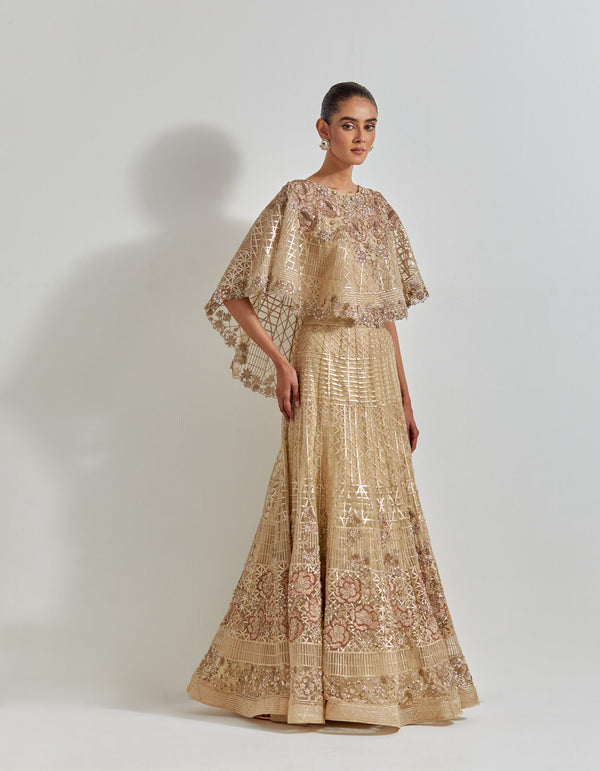 Gold Desert Rose Goldern Circular Cape Paired With Mesh Skirt