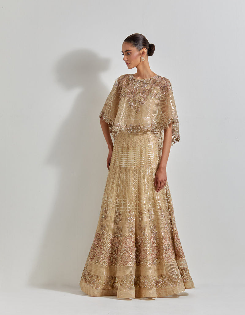 Gold Desert Rose Goldern Circular Cape Paired With Mesh Skirt