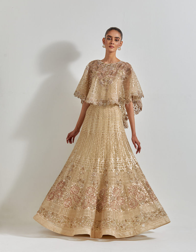 Gold Desert Rose Goldern Circular Cape Paired With Mesh Skirt