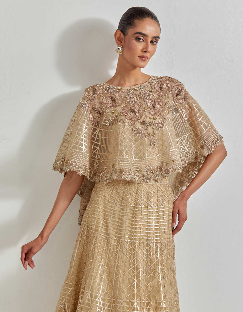 Gold Desert Rose Goldern Circular Cape Paired With Mesh Skirt