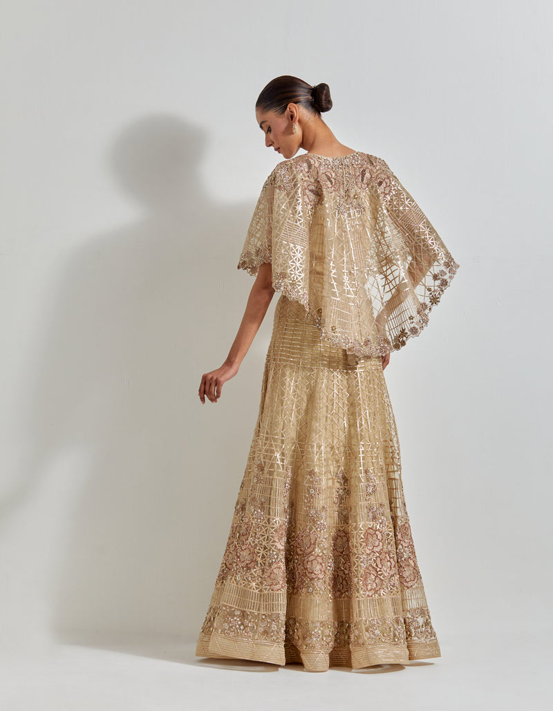 Gold Desert Rose Goldern Circular Cape Paired With Mesh Skirt