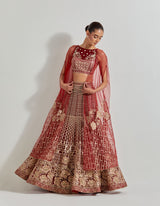 Red Desert Rose Maroon Skirt And Crop Blouse With Attached Cape Dupatta