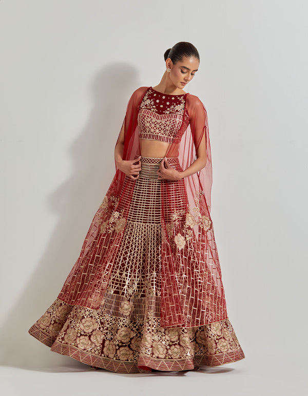 Red Desert Rose Maroon Skirt And Crop Blouse With Attached Cape Dupatta