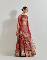 Red Desert Rose Maroon Skirt And Crop Blouse With Attached Cape Dupatta