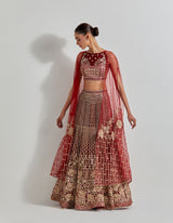 Red Desert Rose Maroon Skirt And Crop Blouse With Attached Cape Dupatta