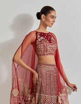 Red Desert Rose Maroon Skirt And Crop Blouse With Attached Cape Dupatta