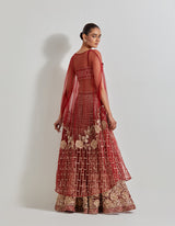 Red Desert Rose Maroon Skirt And Crop Blouse With Attached Cape Dupatta