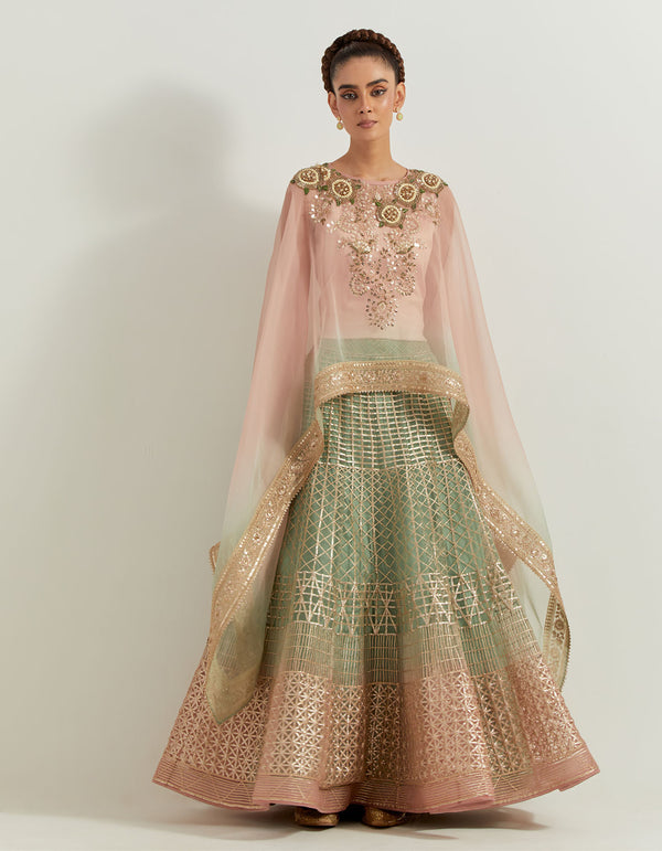 Desert Rose with Sage Ombrey Skirt And Dupatta Set