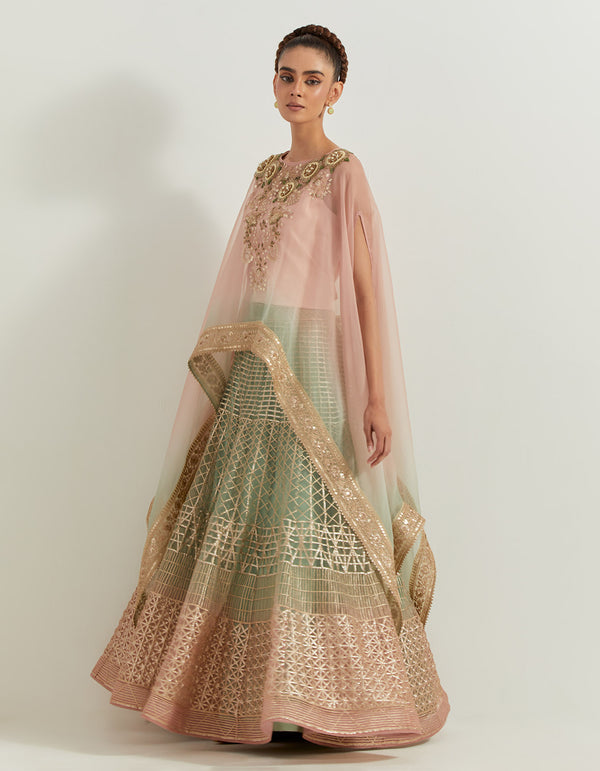 Desert Rose with Sage Ombrey Skirt And Dupatta Set