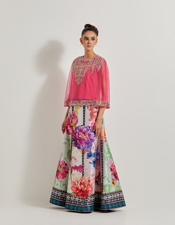 Foresta Dupion Panelled Skirt Paired With Hand Embellished K Cape