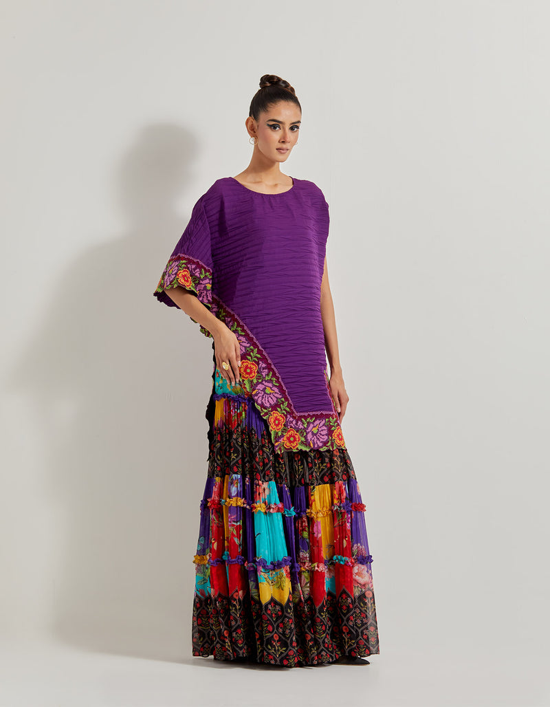 Creeper Tiered Georgette Sharara Paired With Crinkle Crepe A Symmetric Cape With Cross Stitch Border