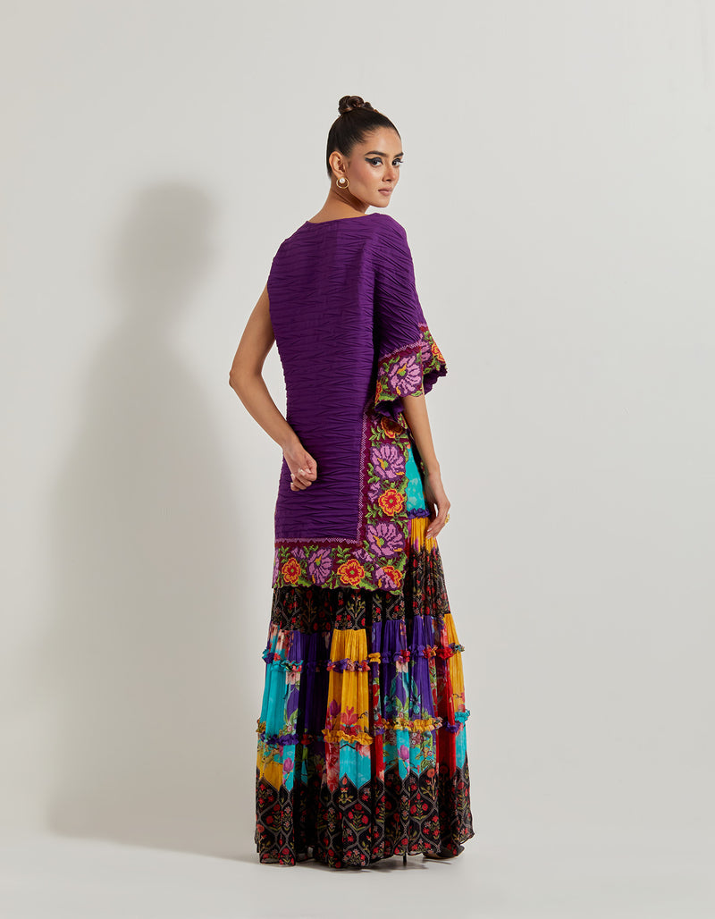 Creeper Tiered Georgette Sharara Paired With Crinkle Crepe A Symmetric Cape With Cross Stitch Border