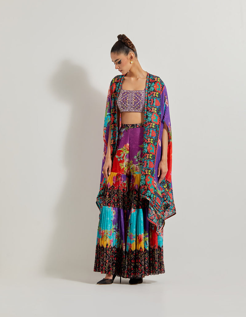 Creeper Pleated Sharara In Chanderi Silk Paired With Hand Embellished Bustier And Cape