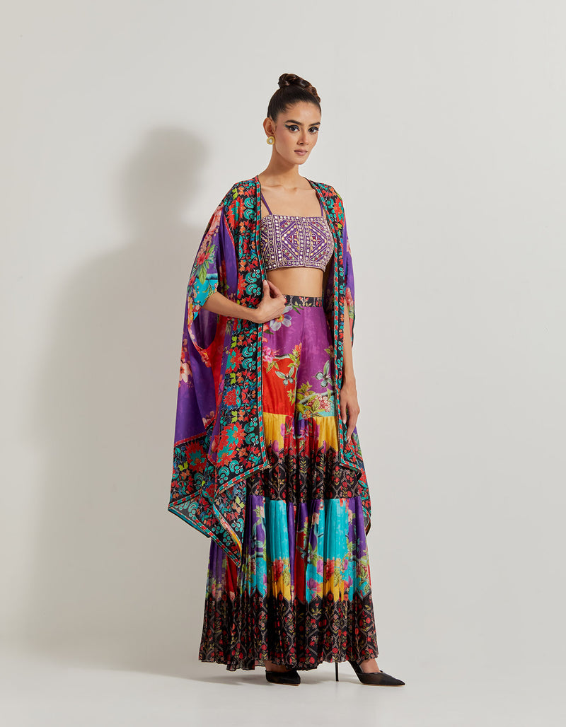 Creeper Pleated Sharara In Chanderi Silk Paired With Hand Embellished Bustier And Cape