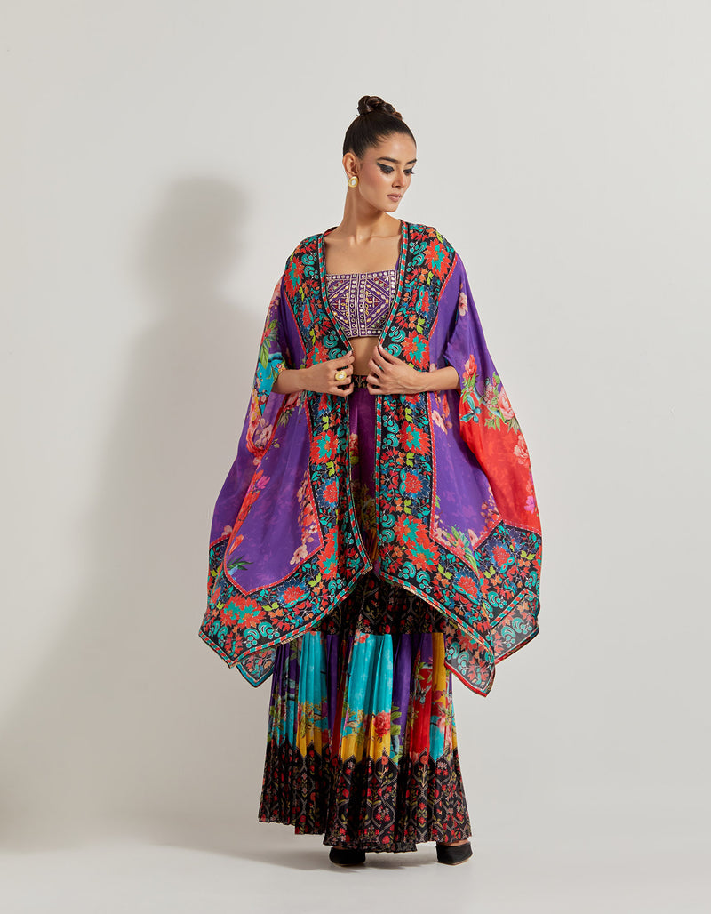 Creeper Pleated Sharara In Chanderi Silk Paired With Hand Embellished Bustier And Cape