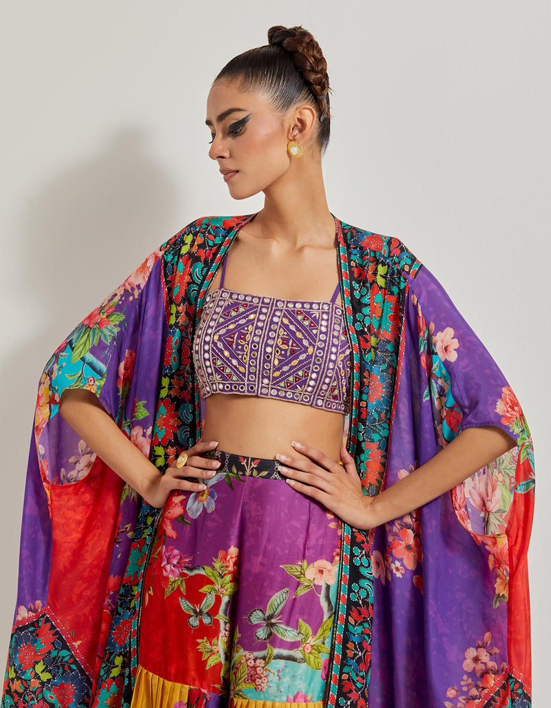 Creeper Pleated Sharara In Chanderi Silk Paired With Hand Embellished Bustier And Cape