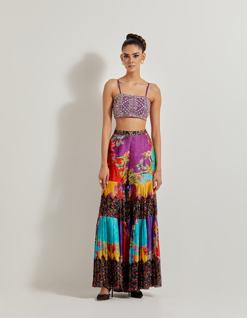 Creeper Pleated Sharara In Chanderi Silk Paired With Hand Embellished Bustier And Cape