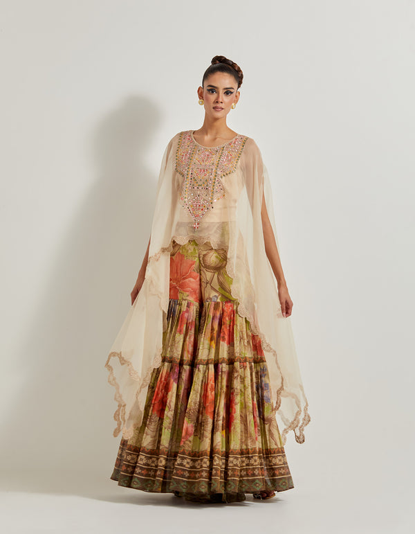 Foresta Tissue Chanderi Panelled Sharara Paired With Organza Hand Embellished Cape