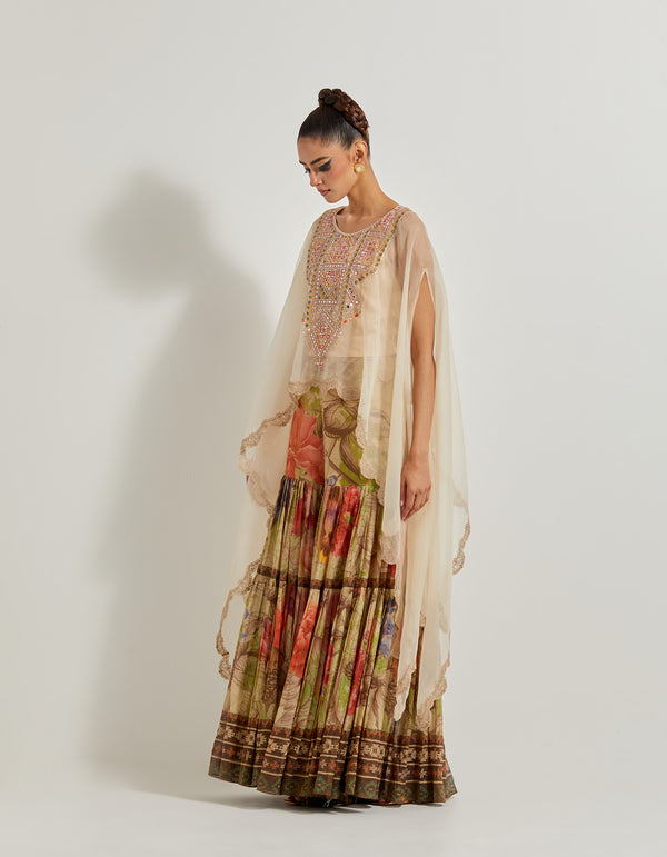 Foresta Tissue Chanderi Panelled Sharara Paired With Organza Hand Embellished Cape