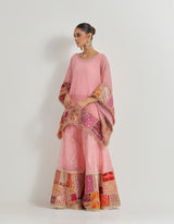 Salmon Pink Crinkle Georgette Poncho Top Paired With Organza Patch Work Sharara Pants