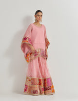 Salmon Pink Crinkle Georgette Poncho Top Paired With Organza Patch Work Sharara Pants