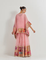 Salmon Pink Crinkle Georgette Poncho Top Paired With Organza Patch Work Sharara Pants