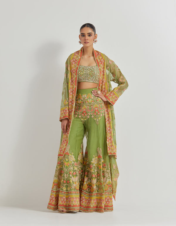 Cross Stitch Embroidered Organza Sharara And Cape Jacket Paired With All Over Hand Embroidered Busteir