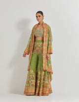 Cross Stitch Embroidered Organza Sharara And Cape Jacket Paired With All Over Hand Embroidered Busteir