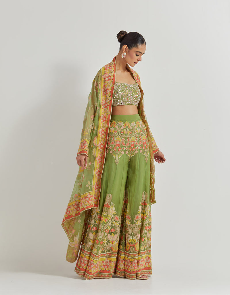 Cross Stitch Embroidered Organza Sharara And Cape Jacket Paired With All Over Hand Embroidered Busteir