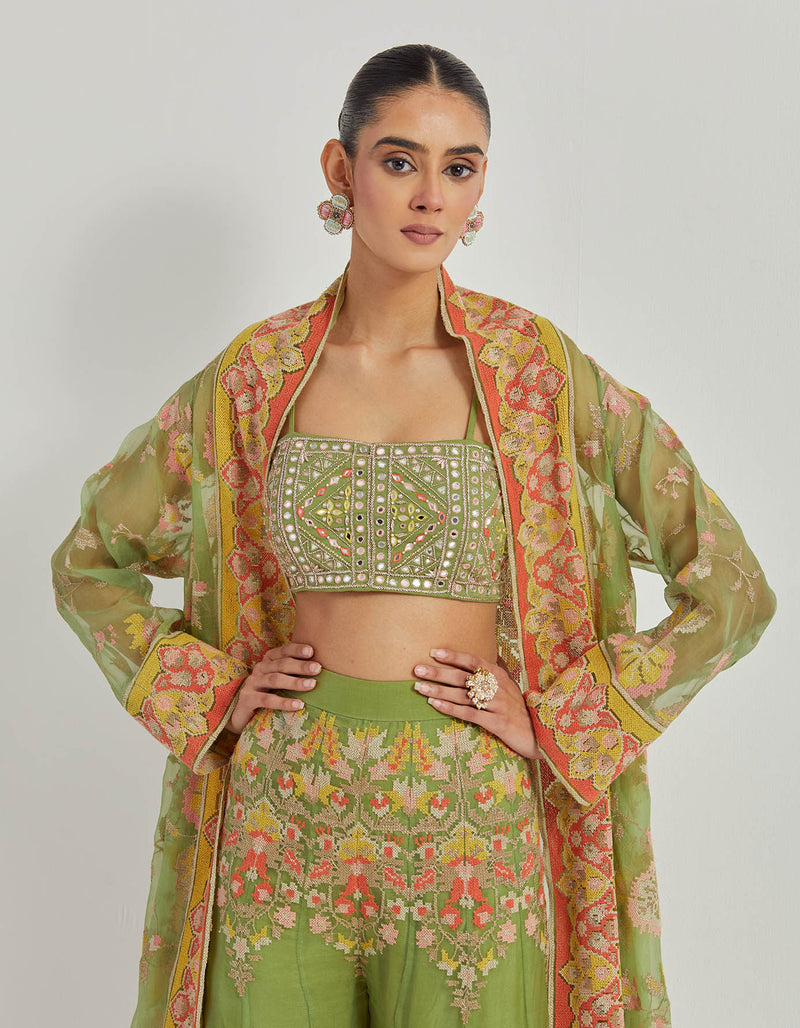 Cross Stitch Embroidered Organza Sharara And Cape Jacket Paired With All Over Hand Embroidered Busteir