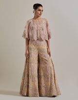 Pink Water Glimmer Sharara Pants Paired With Circular Cape And Embellished Inner