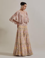 Pink Water Glimmer Sharara Pants Paired With Circular Cape And Embellished Inner