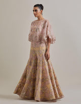 Pink Water Glimmer Sharara Pants Paired With Circular Cape And Embellished Inner