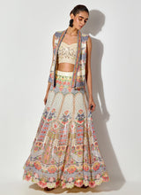 Off White Hand Embellished Bustier Paired With Printed And Sequin Embroidered Gilet And Skirt