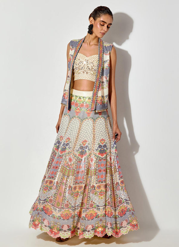 Off White Hand Embellished Bustier Paired With Printed And Sequin Embroidered Gilet And Skirt