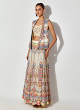 Off White Hand Embellished Bustier Paired With Printed And Sequin Embroidered Gilet And Skirt