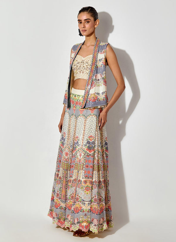 Off White Hand Embellished Bustier Paired With Printed And Sequin Embroidered Gilet And Skirt