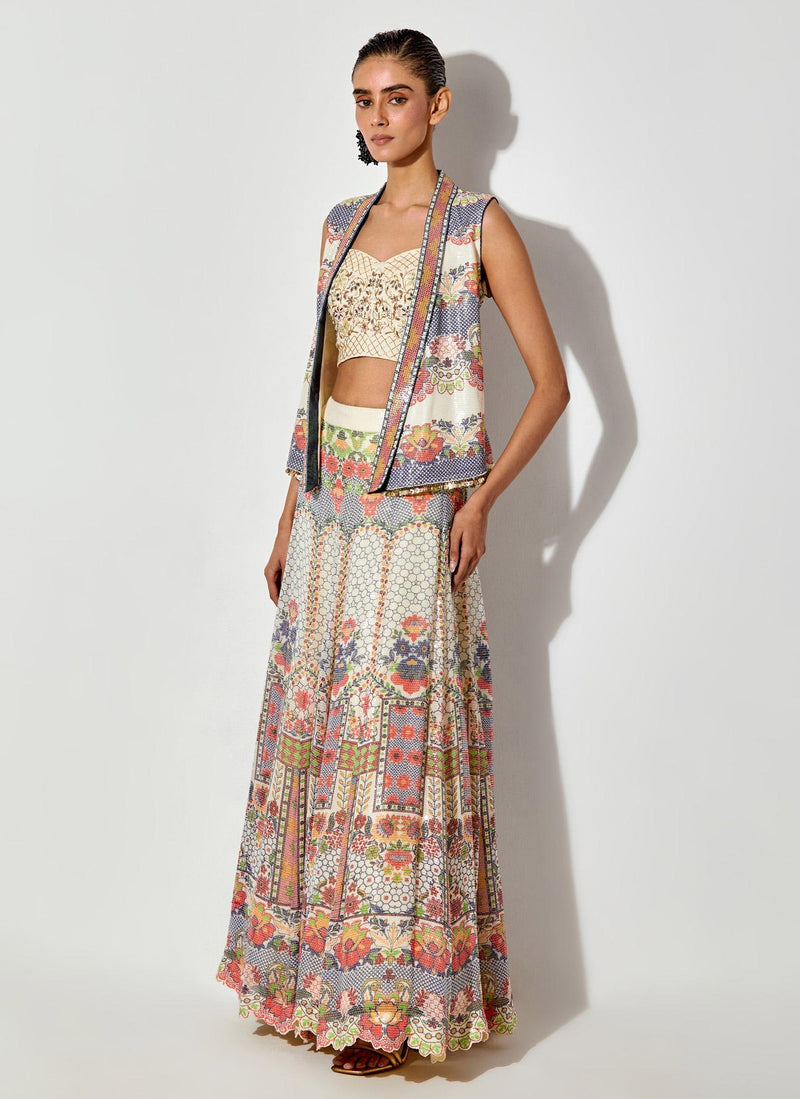 Off White Hand Embellished Bustier Paired With Printed And Sequin Embroidered Gilet And Skirt