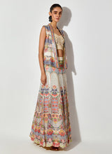 Off White Hand Embellished Bustier Paired With Printed And Sequin Embroidered Gilet And Skirt