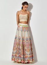 Off White Hand Embellished Bustier Paired With Printed And Sequin Embroidered Gilet And Skirt