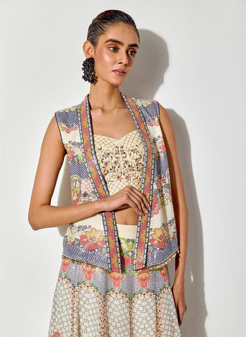 Off White Hand Embellished Bustier Paired With Printed And Sequin Embroidered Gilet And Skirt