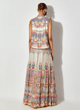 Off White Hand Embellished Bustier Paired With Printed And Sequin Embroidered Gilet And Skirt