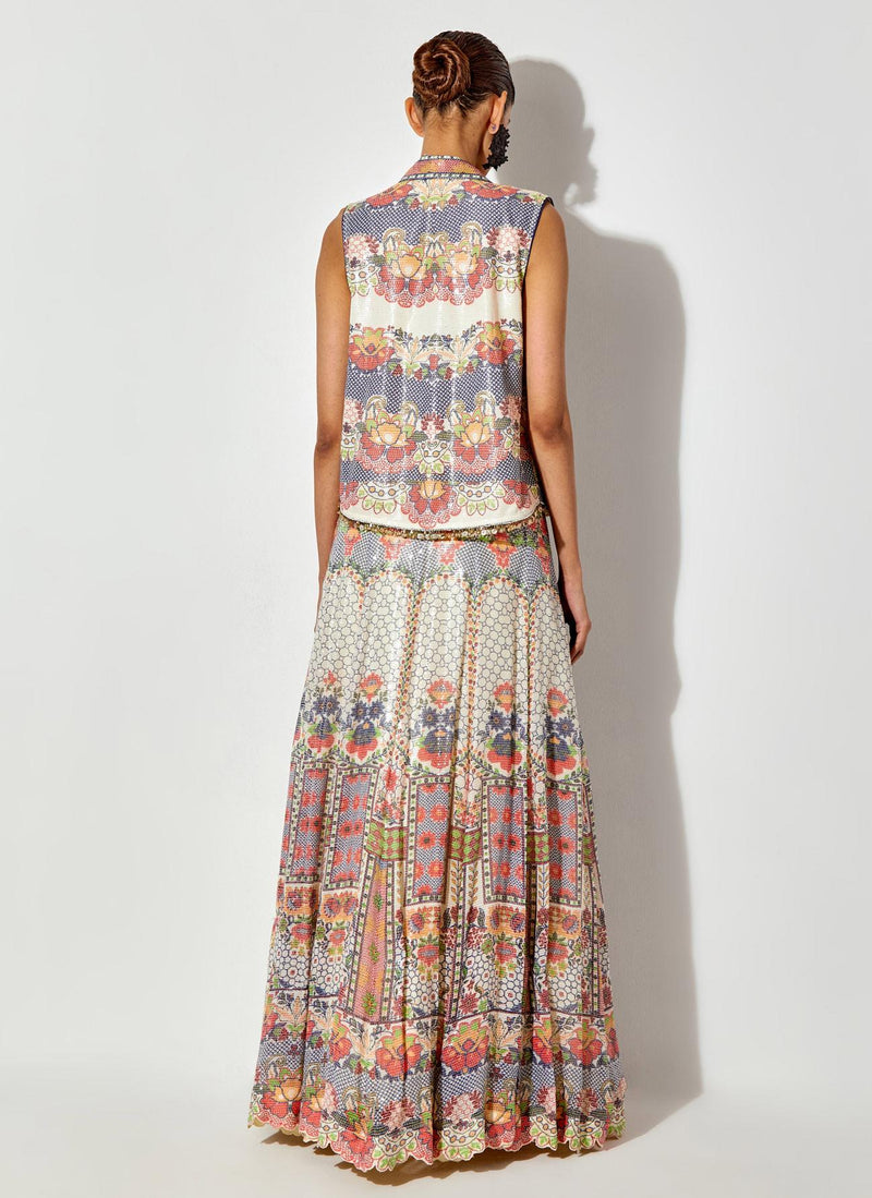 Off White Hand Embellished Bustier Paired With Printed And Sequin Embroidered Gilet And Skirt