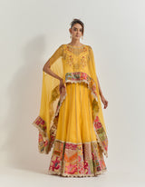 Yellow Cape With Skirt With Hand Work With Gota And Cross Stitch Embroidery